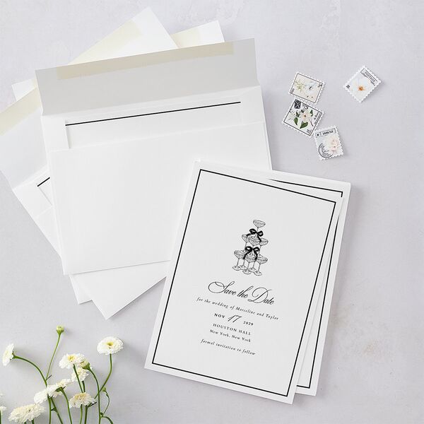 Classic Champagne with Bows Save the Date Cards Pure White Signature smooth Blank No Standard