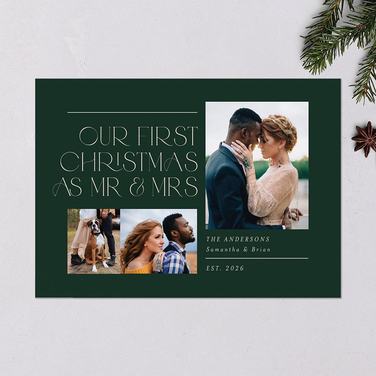 Mr. & Mrs. Holiday Cards Dark Green Signature Blank Standard Landscape