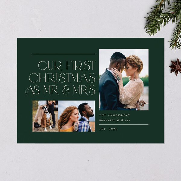 Mr. & Mrs. Holiday Cards Dark Green Signature Blank Standard Landscape