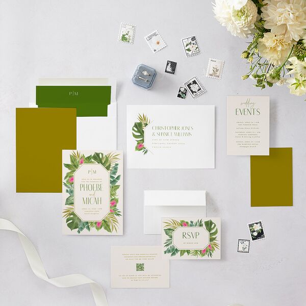 Hawaiian Tropical Monstera Frame Wedding Invitations Scottish Green Signature Blank No Standard