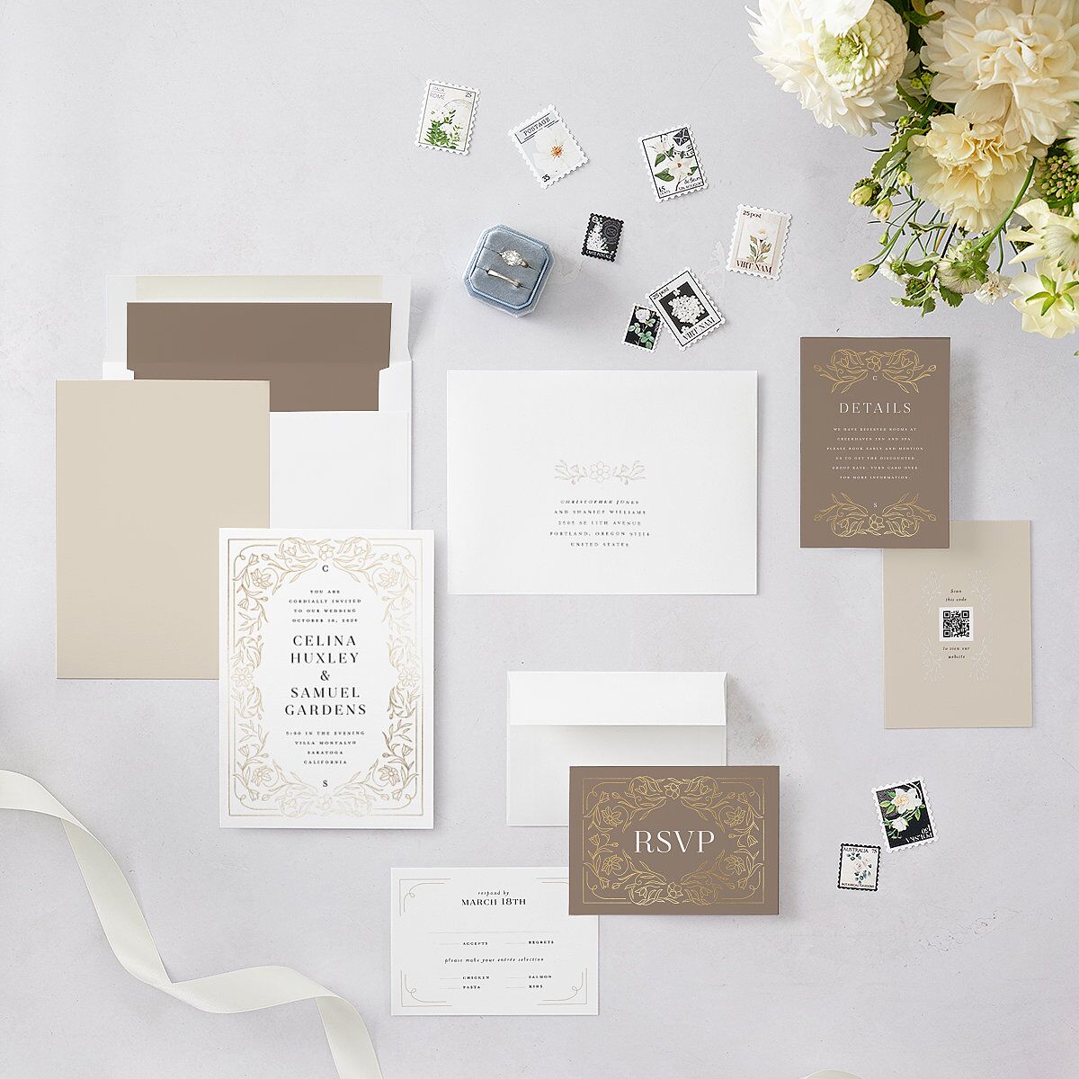 Floral Opulence Foil Wedding Invitations Gold Pure White Signature Blank No Standard