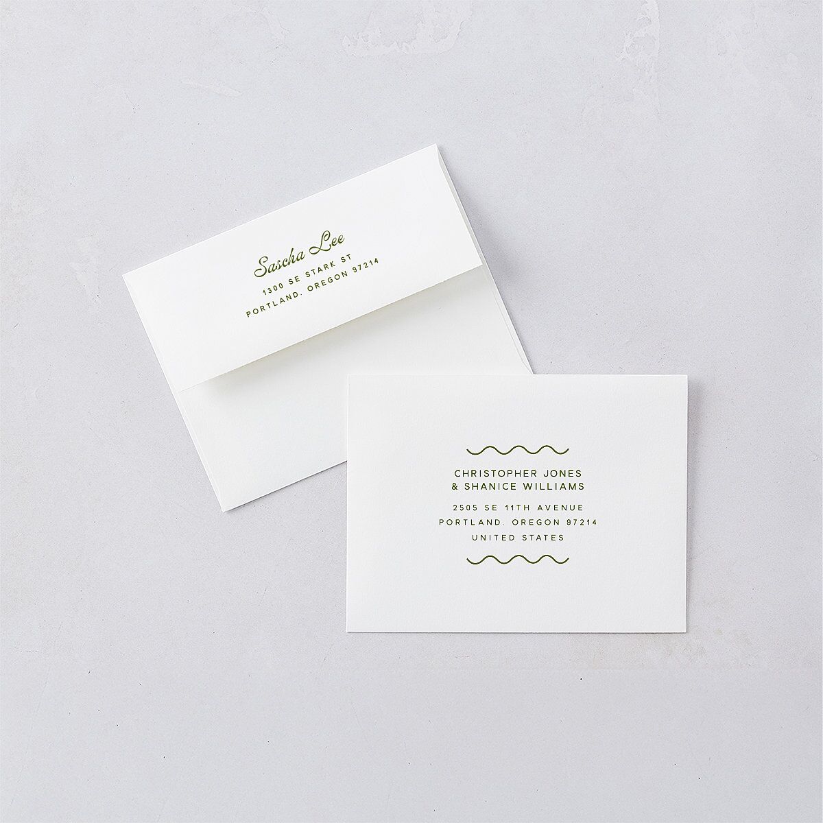 Cabana Stripes Bridal Shower Thank You Card Envelopes White Olive Both Recipient and Return Addresses Signature Standard