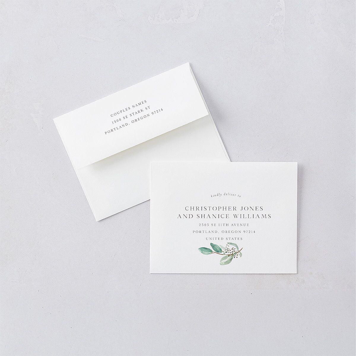 Lush Greenery Thank You Card Envelopes White Eucalyptus Both Recipient and Return Addresses Signature Standard