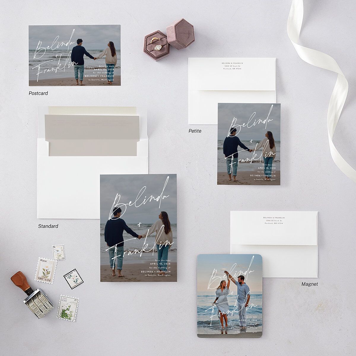 Modern Script Names Save the Date Petite Cards Shadow Gray Signature smooth Blank No Standard