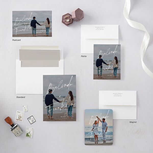 Modern Script Names Save the Date Petite Cards Shadow Gray Signature smooth Blank No Standard