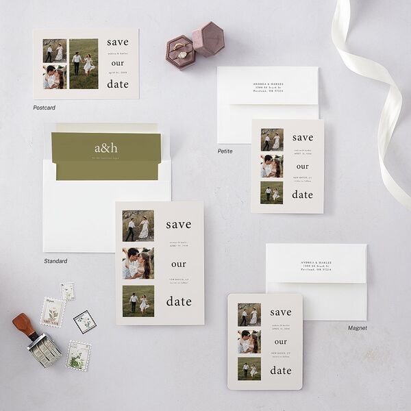 Timeless Photo Trio Save the Date Postcards Linen
