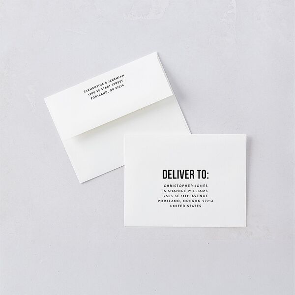 Bold Modern Announcement Save the Date Petite Card Envelopes White Pure White Both Recipient and Return Addresses Signature Standard