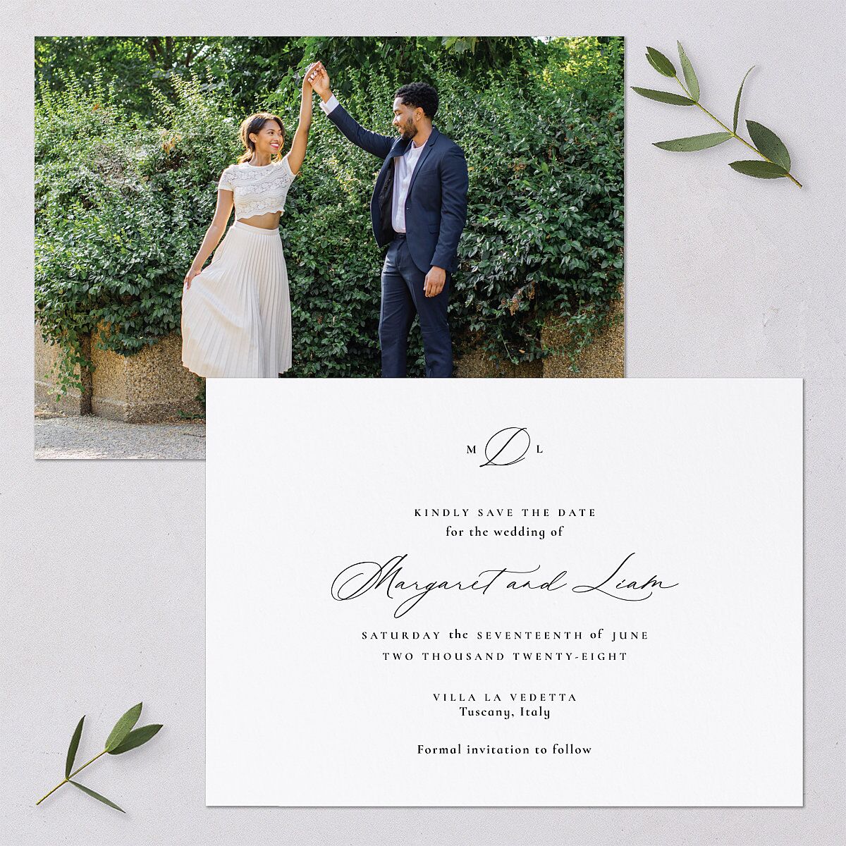 Black Tie Initial Save The Date Cards Pure White Signature smooth Blank No Standard
