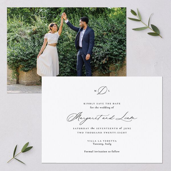 Black Tie Initial Save The Date Cards Pure White Signature smooth Blank No Standard