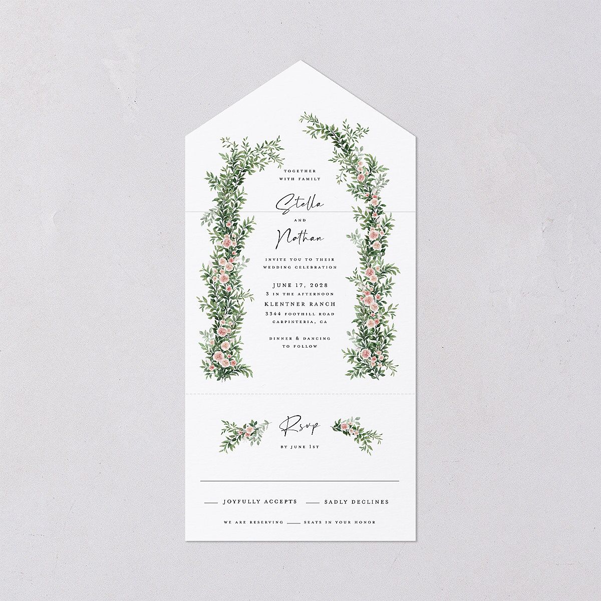 Floral Arc All-in-One Wedding Invitations Shell Pink Signature Light Both Recipient and Return Addresses No