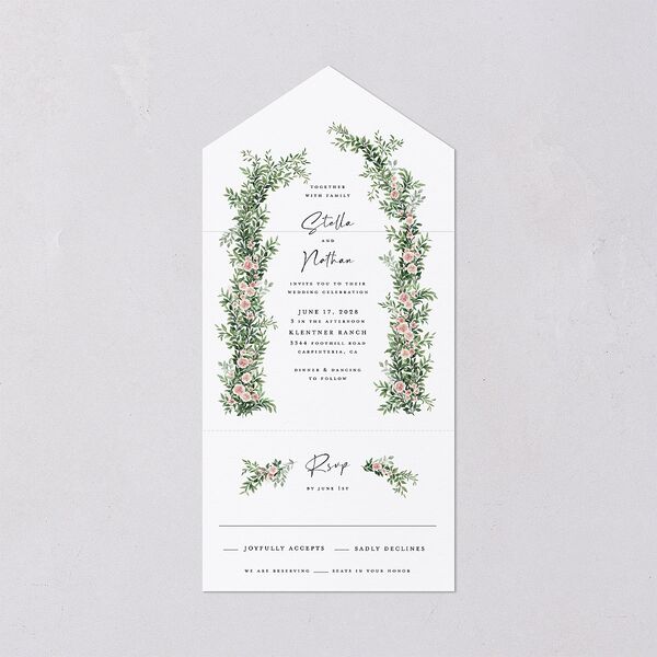 Floral Arc All-in-One Wedding Invitations Shell Pink Signature Light Both Recipient and Return Addresses No