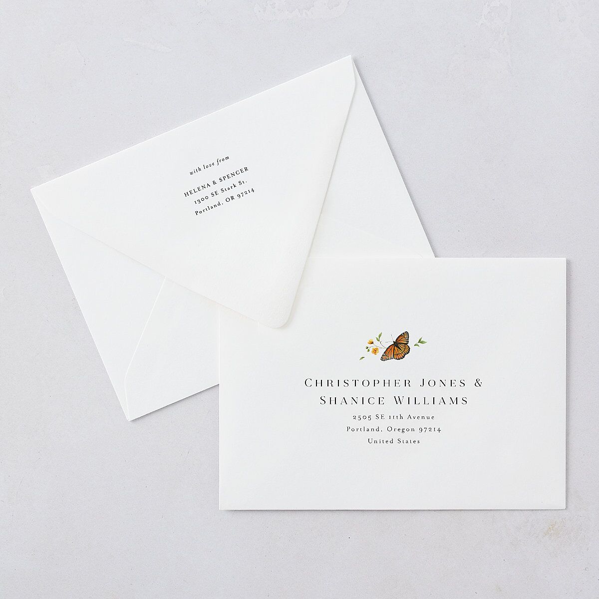 Rustic Butterfly Garden Save The Date Card Euro Envelopes White Pure White Both Recipient and Return Addresses Luxe Signature