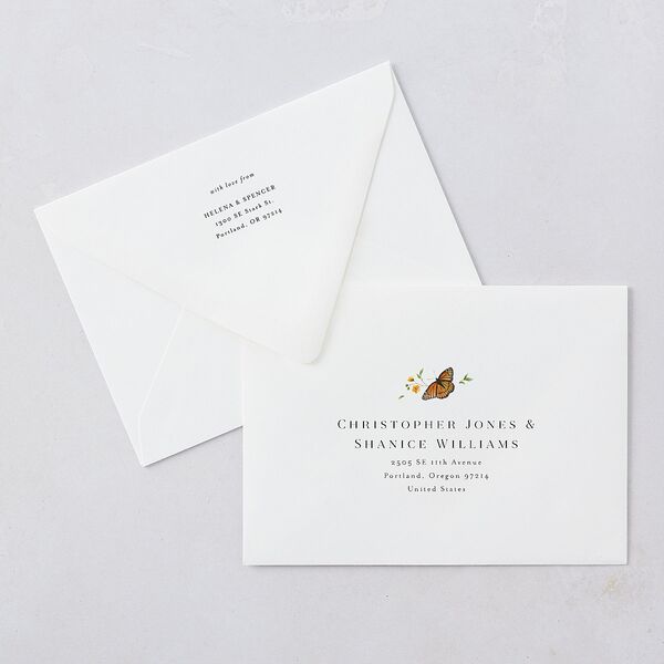 Rustic Butterfly Garden Save The Date Card Euro Envelopes White Pure White Both Recipient and Return Addresses Luxe Signature