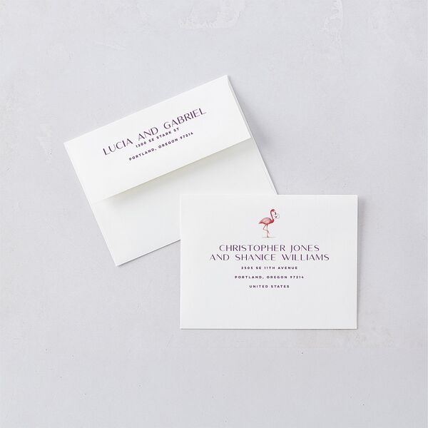 Meet Us In Miami Thank You Card Envelopes Orchid White Both Recipient and Return Addresses Signature Standard