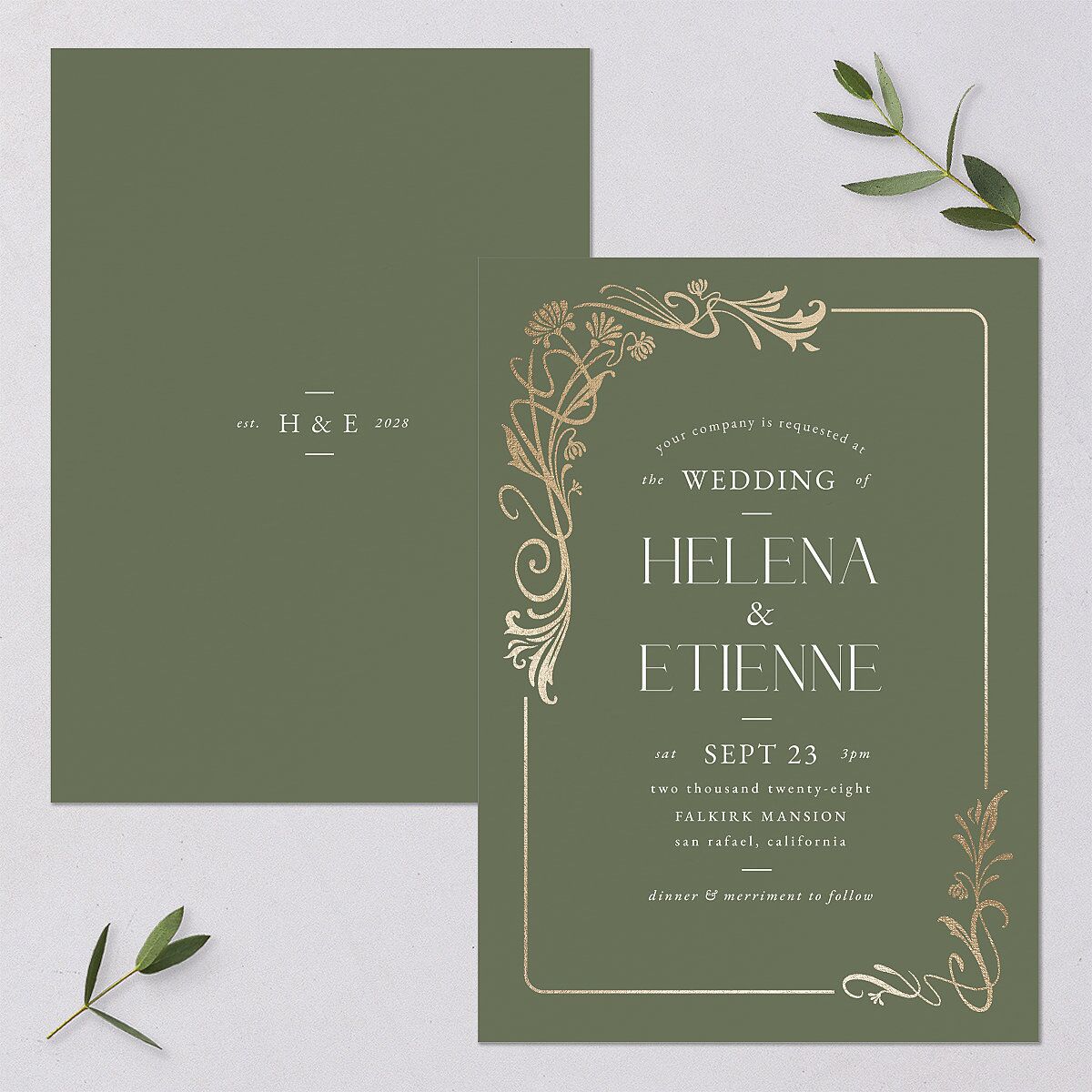 Nouveau Frame Wedding Invitations Gold Dark Camo Signature Blank No