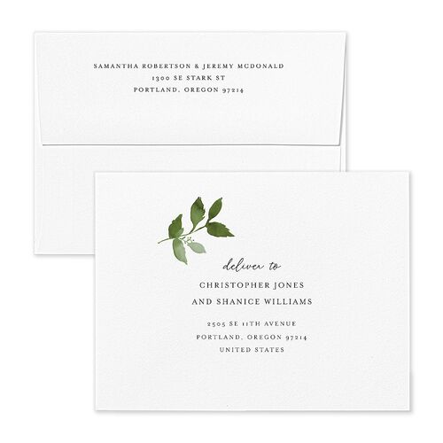 Leafy Frame Thank You Card Envelopes White Hunter Green Both Recipient and Return Addresses Signature Standard