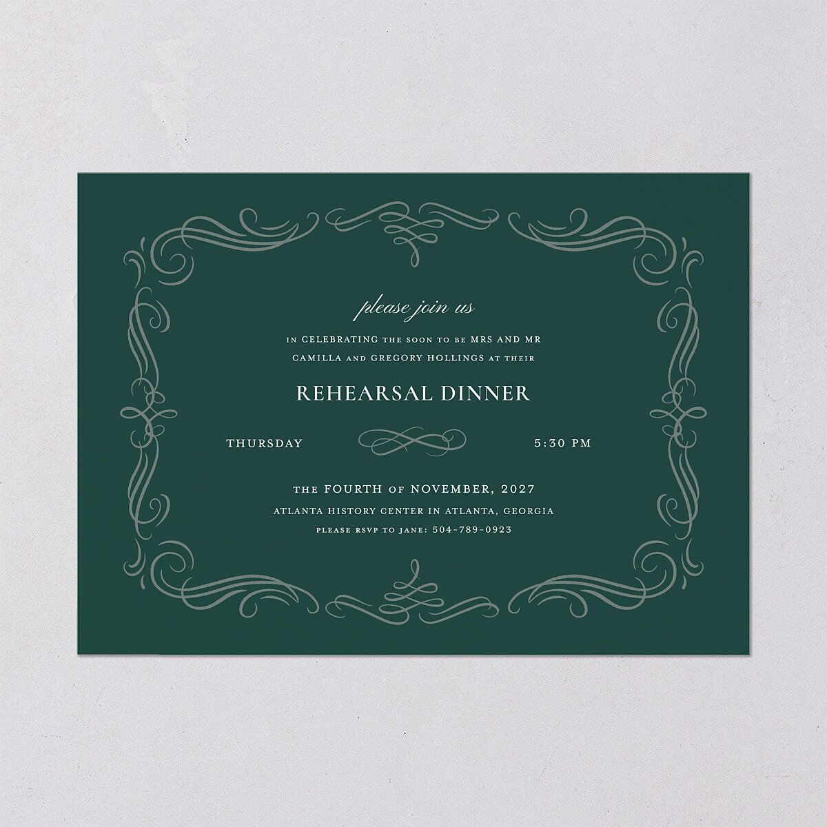 Antique Fairytale Rehearsal Dinner Invitations Dark Emerald Signature Blank Standard