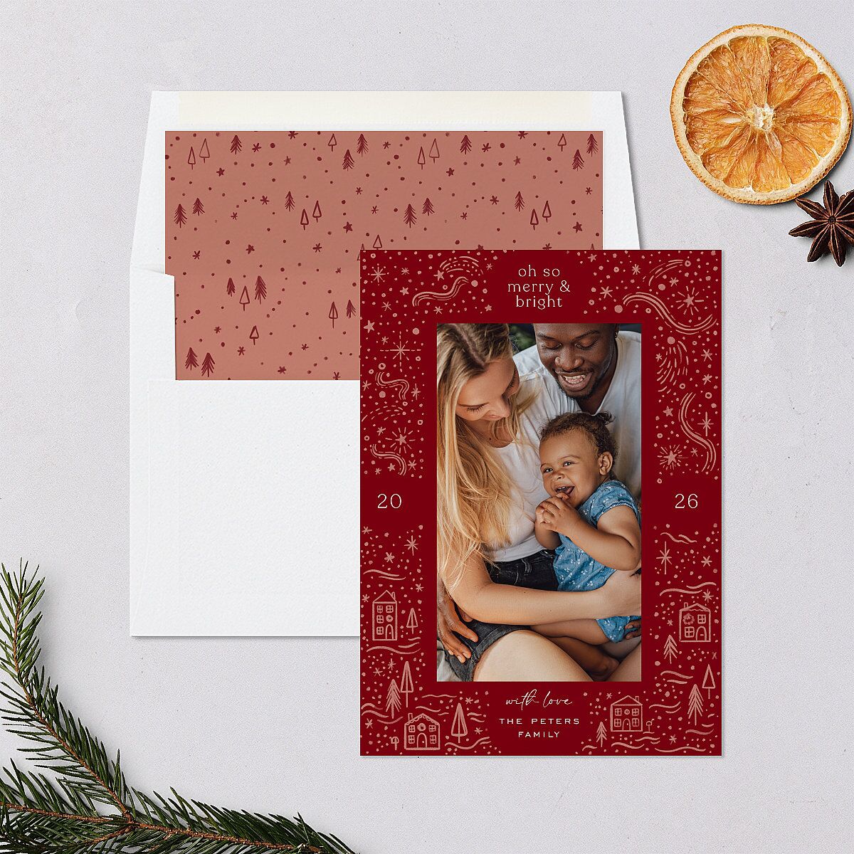 Illustrated Winter Frame Holiday Cards Jewel Red Signature Blank Standard Portrait