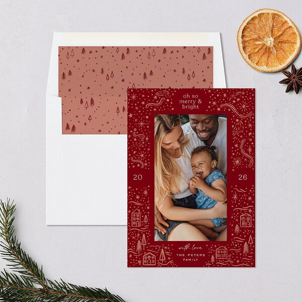Illustrated Winter Frame Holiday Cards Jewel Red Signature Blank Standard Portrait