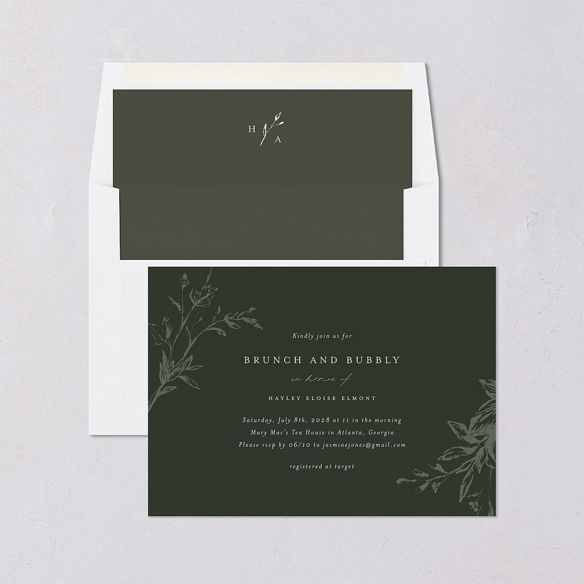 Shining Leaves Bridal Shower Invitations Dark Green Signature Blank