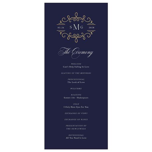 Monogram Flourish Foil Wedding Programs Navy Gold Signature