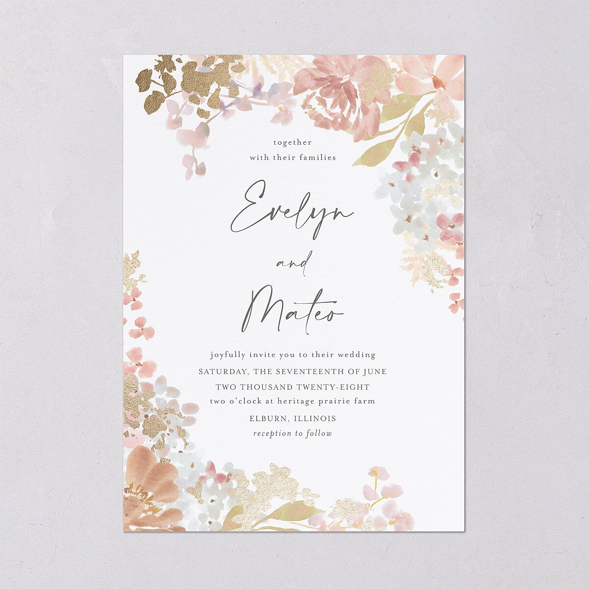 Hydrangea Garden Wedding Invitations Gold Pink Cotton Signature Blank No