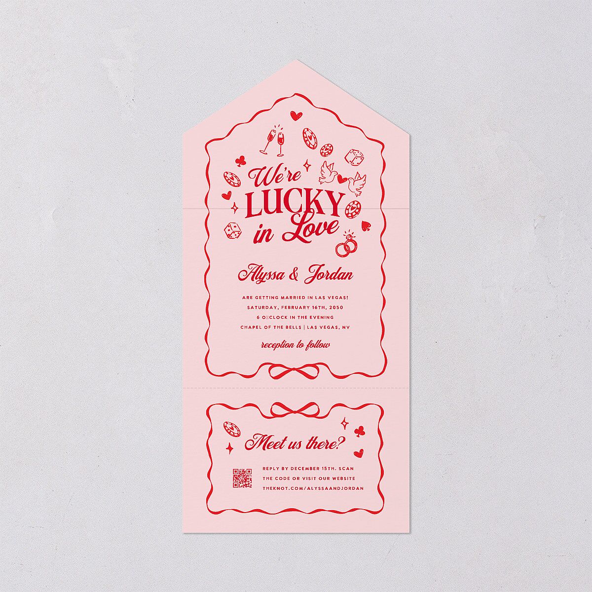 Hand Drawn Las Vegas Hearts All-in-One Wedding Invitations Crimson Signature Light Both Recipient and Return Addresses No