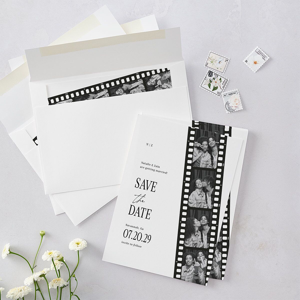 Vintage Film Reel Photo Strip Save the Date Cards Pure White Signature smooth Blank No Standard