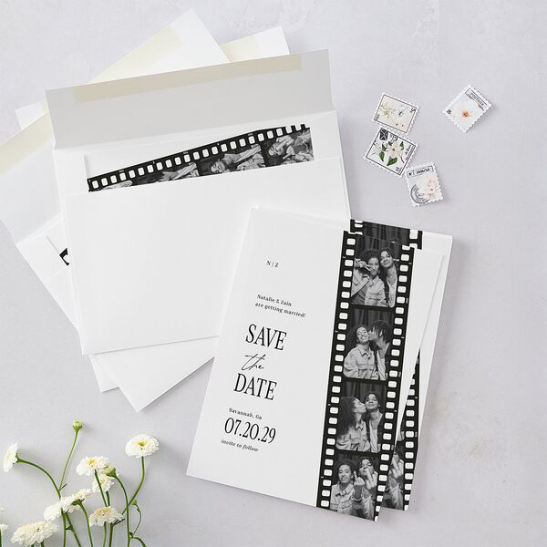 Vintage Film Reel Photo Strip Save the Date Cards Pure White Signature smooth Blank No Standard