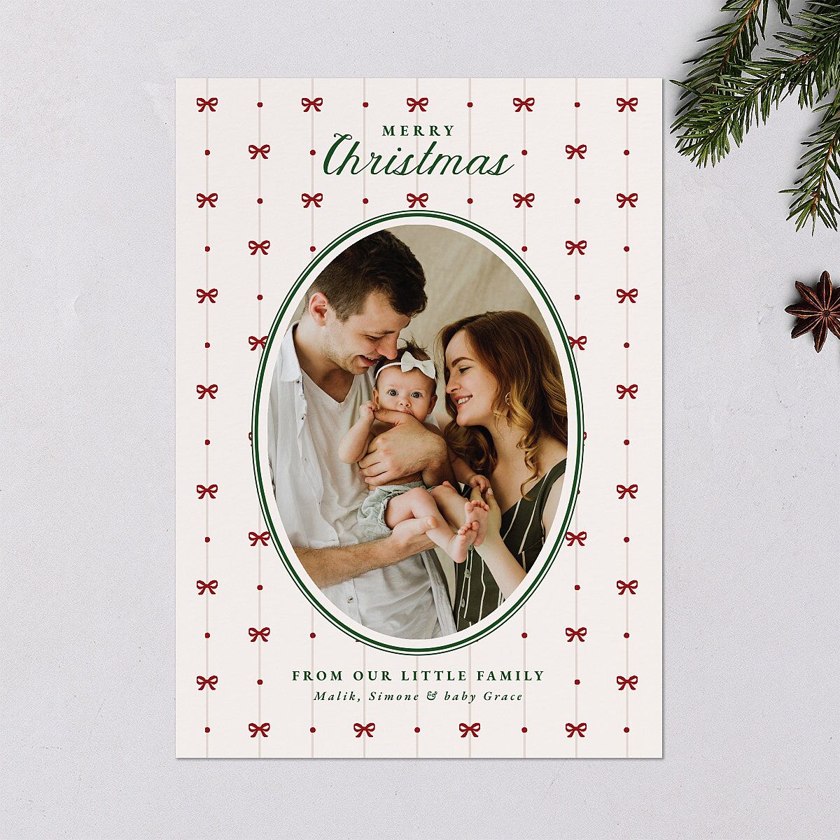 Christmas Bow Pattern Holiday Cards Jewel Red Signature Blank Standard Portrait