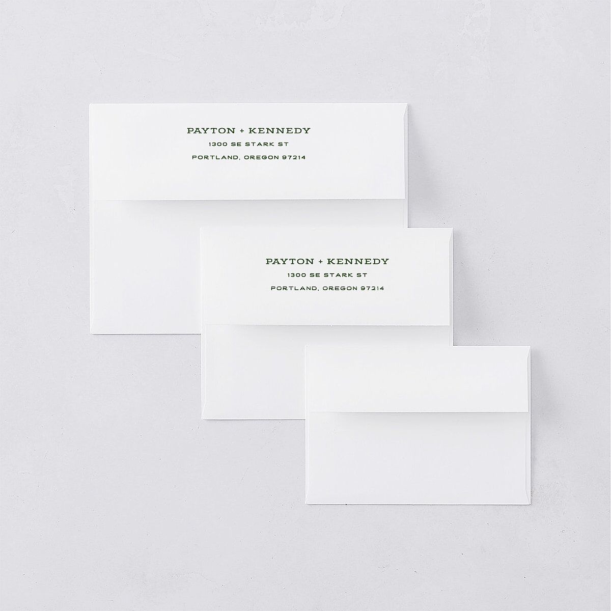 Happy Campers Rehearsal Dinner Invitation Envelopes White Deep Olive Both Recipient and Return Addresses Signature Standard