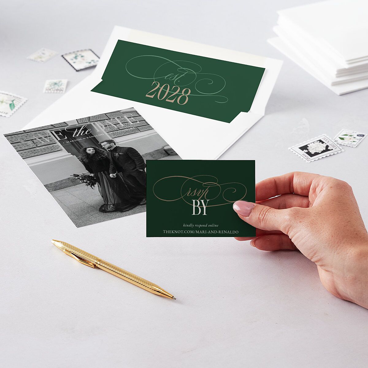Polished Photo Foil QR Code RSVP Cards Emerald Signature Standard