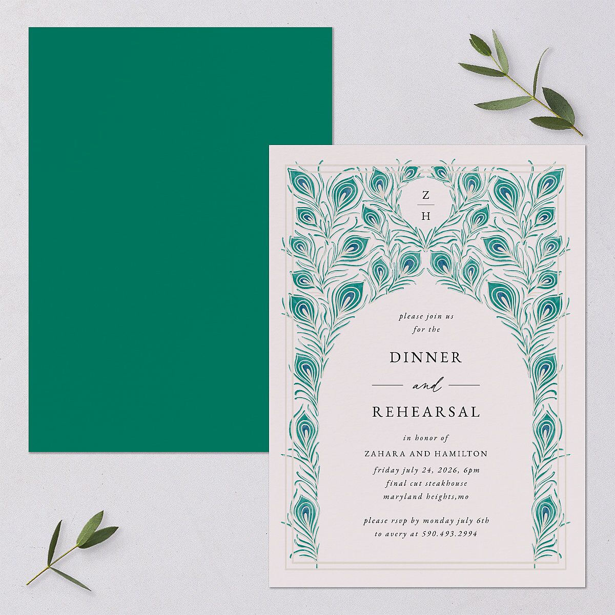 Peacock Nouveau Rehearsal Dinner Invitations Linen Signature Blank Standard