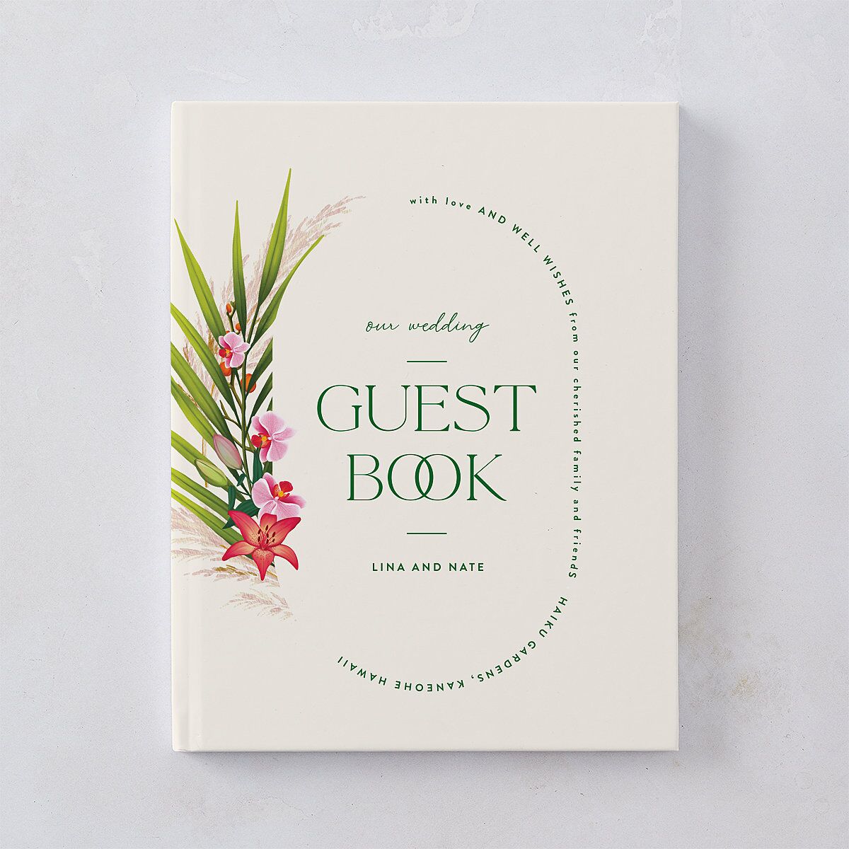 Hawaiian Tropical Orchid Oval Wedding Guest Book Crimson