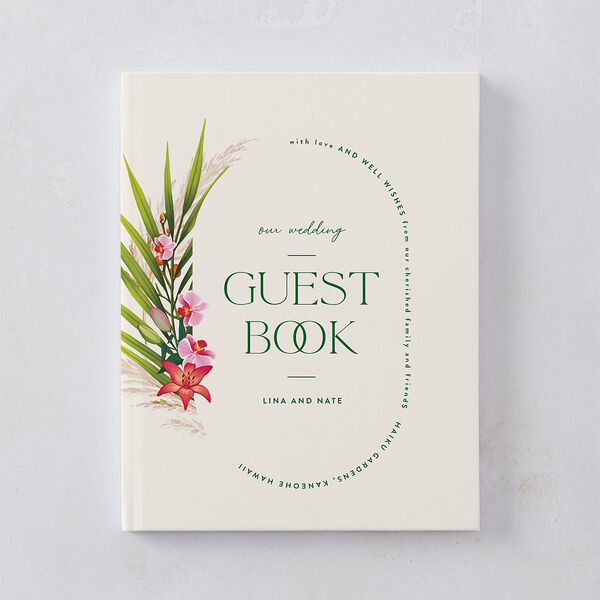 Hawaiian Tropical Orchid Oval Wedding Guest Book Crimson