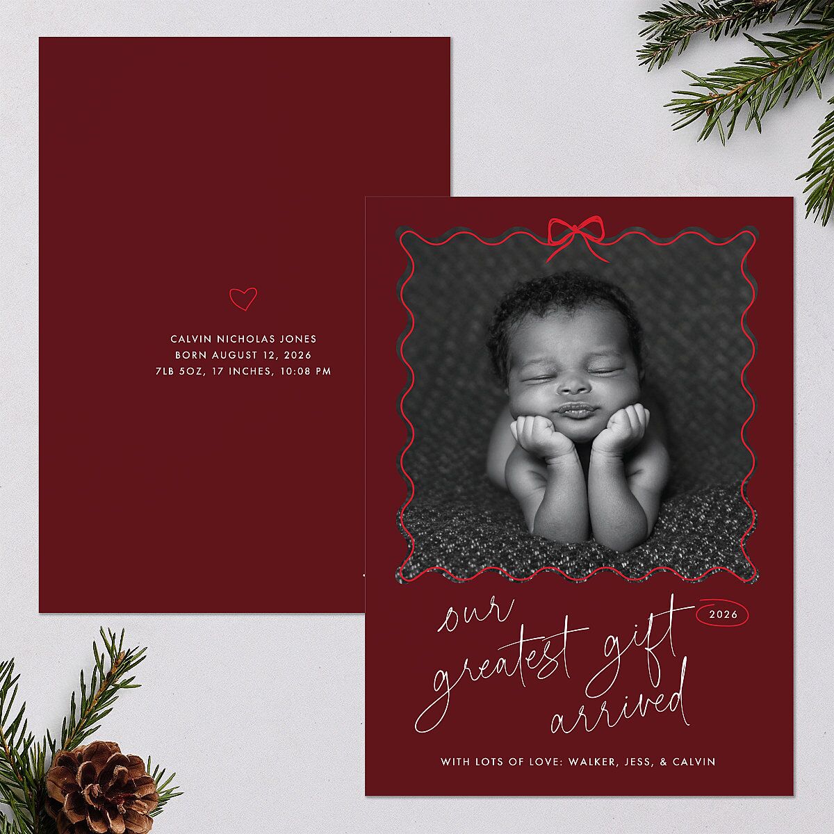 Our Greatest Gift Wavy Bow Frame Holiday Cards Jewel Red Signature Blank Standard Portrait