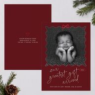 Our Greatest Gift Wavy Bow Frame Holiday Cards Jewel Red Signature Blank Standard Portrait