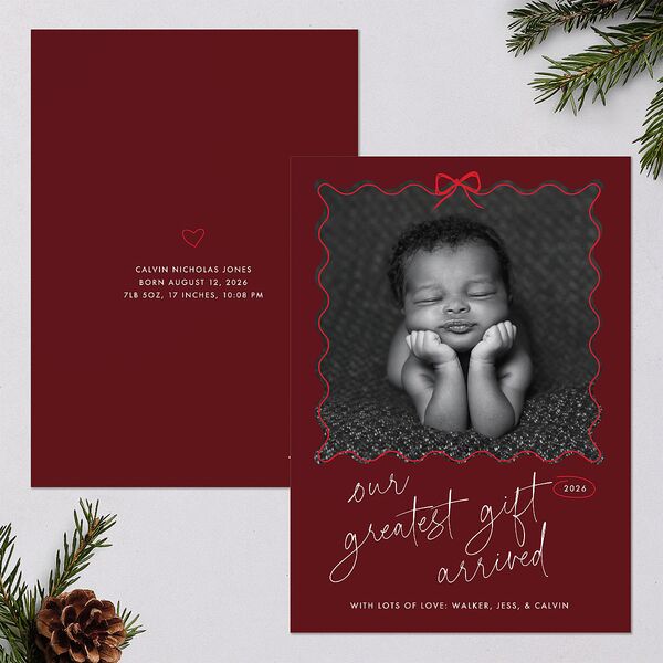 Our Greatest Gift Wavy Bow Frame Holiday Cards Jewel Red Signature Blank Standard Portrait