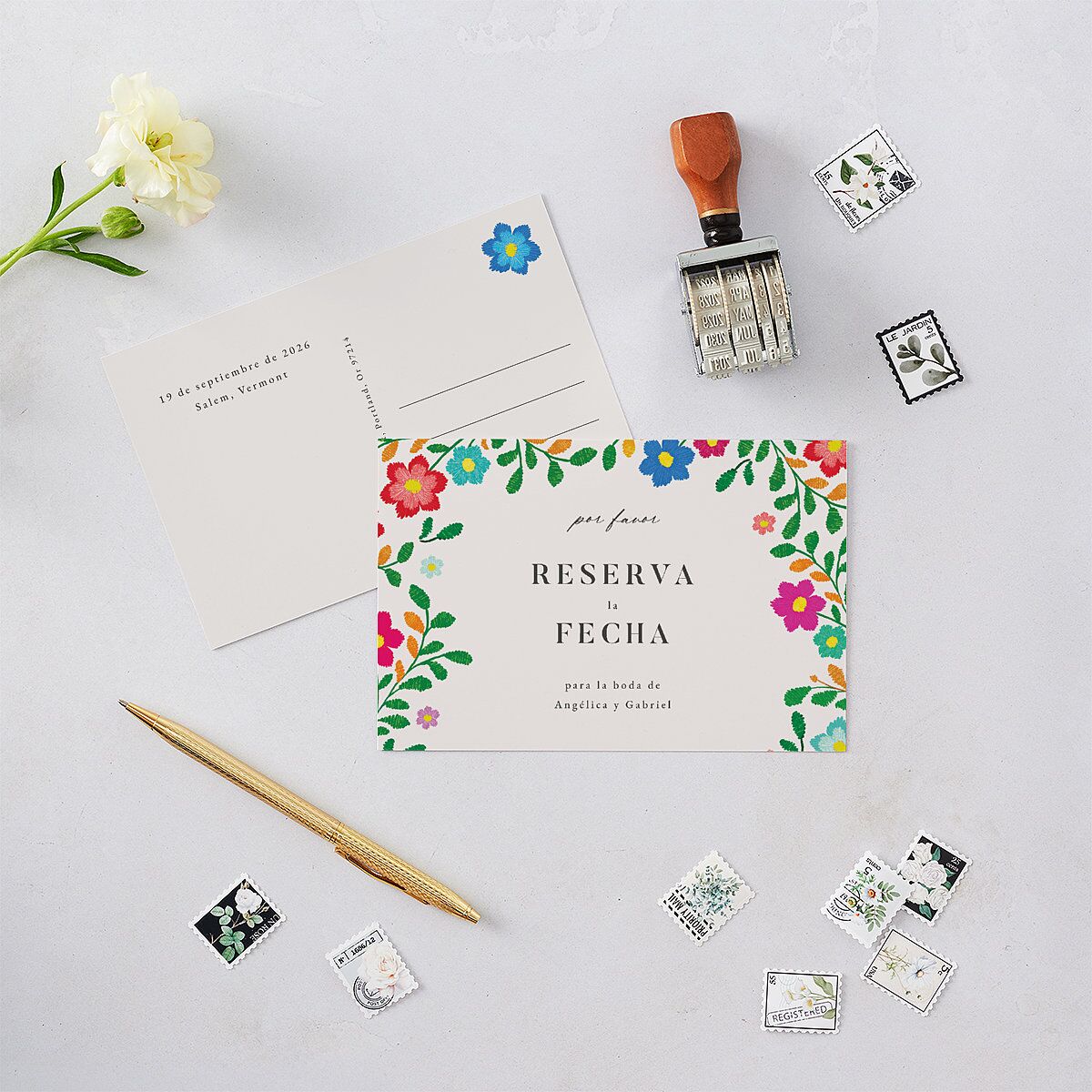 Bordados Florales Save The Date Postcards Off-White Postcard