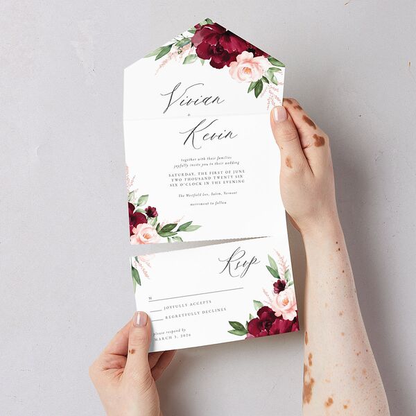 Beloved Floral All-in-One Wedding Invitations Dark Berry Signature Light Both Recipient and Return Addresses No