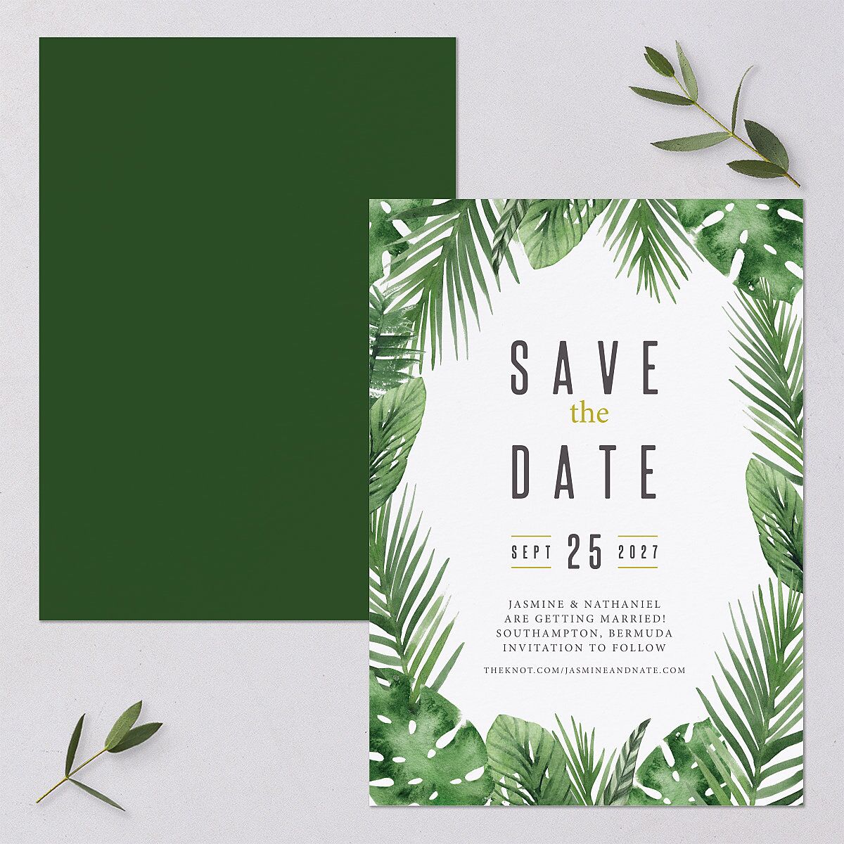 Tropical Leaves Save The Date Cards Scottish Green Signature smooth Blank No