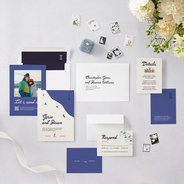 Vintage Retro Ski Poster Wedding Invitations Pure White Signature Blank No Standard