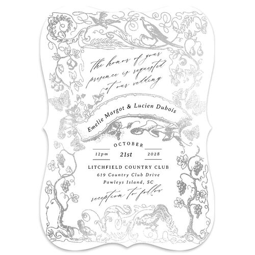 Vintage Toile Foil Wedding Invitations Silver Licorice Signature Blank No Bracket