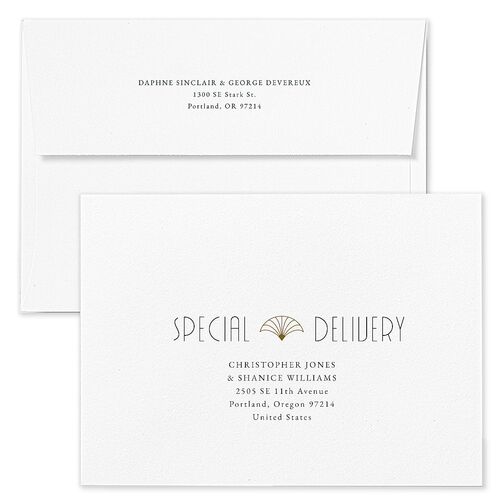Gatsby Deco Arch Save The Date Card Envelopes White Dark Emerald Both Recipient and Return Addresses Signature Standard