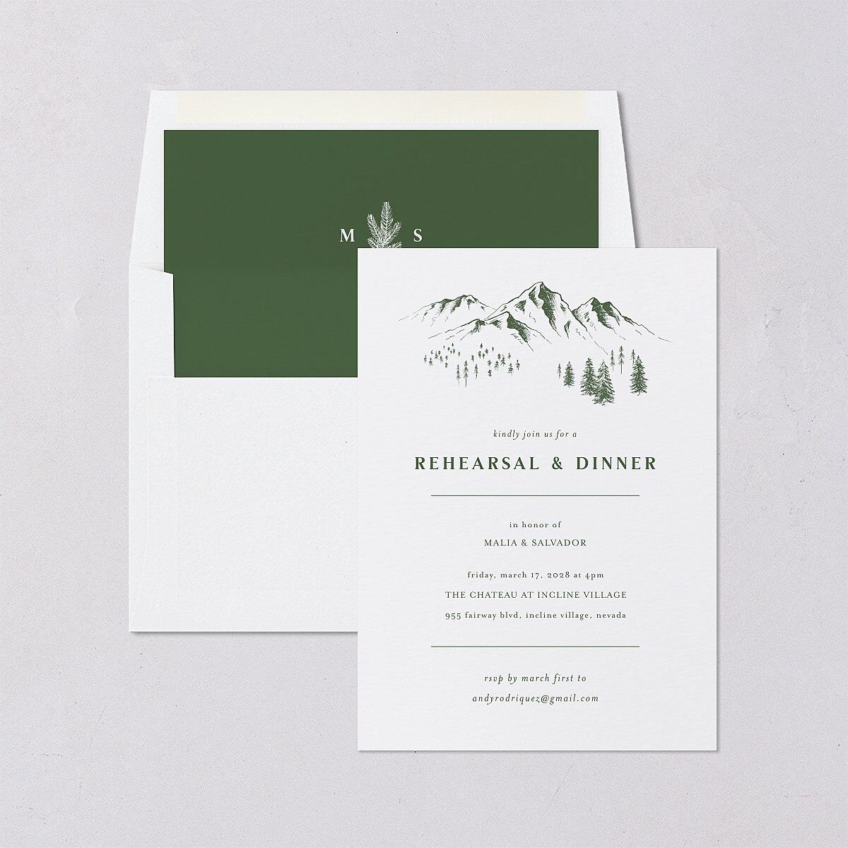Etched Mountains Rehearsal Dinner Invitations Hunter Green Signature Blank Standard