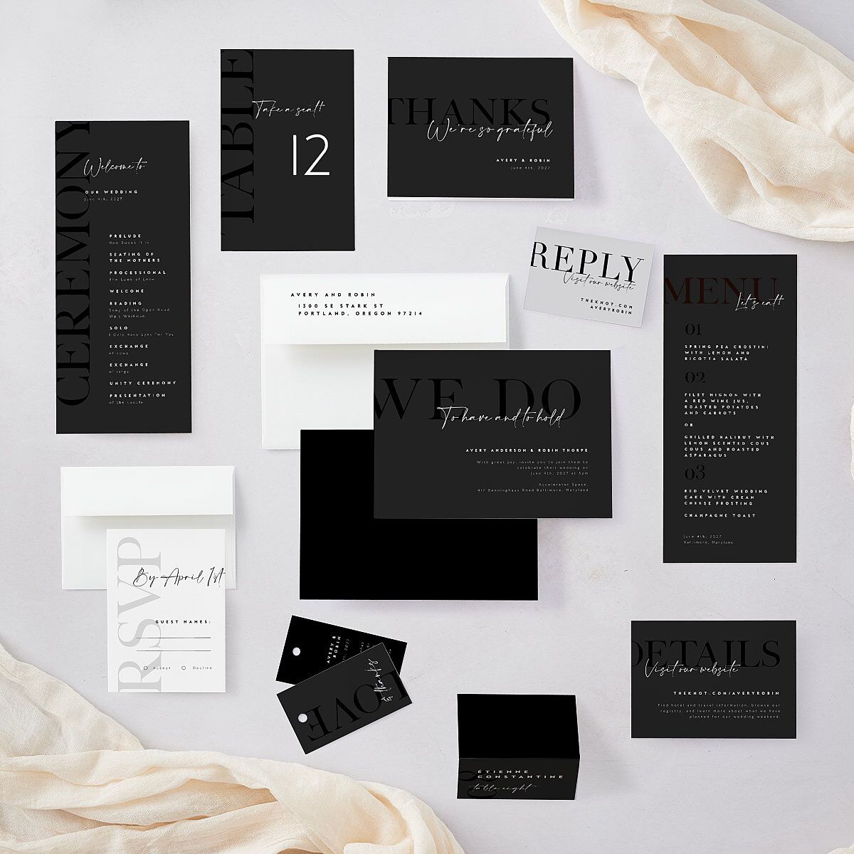 Modern Vow Place Cards Charcoal Signature
