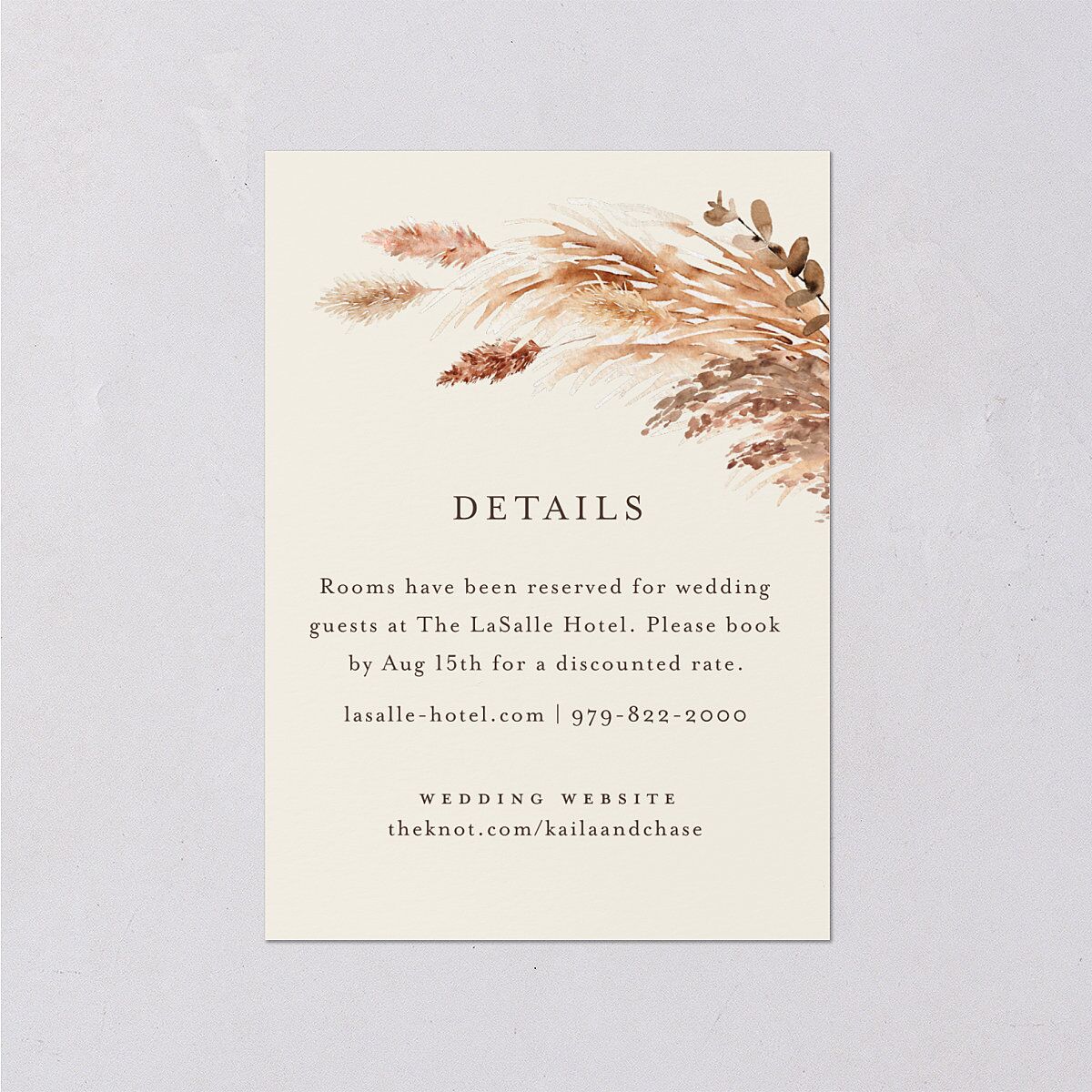 Soft Pampas Botanical Wedding Event Detail Cards Sepia Signature Standard