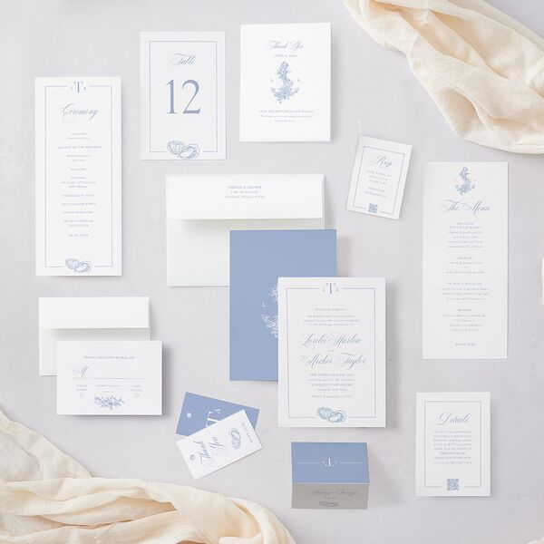 Coastal Oysters and Anchors Wedding Invitations Sea Blue Signature Blank No Standard