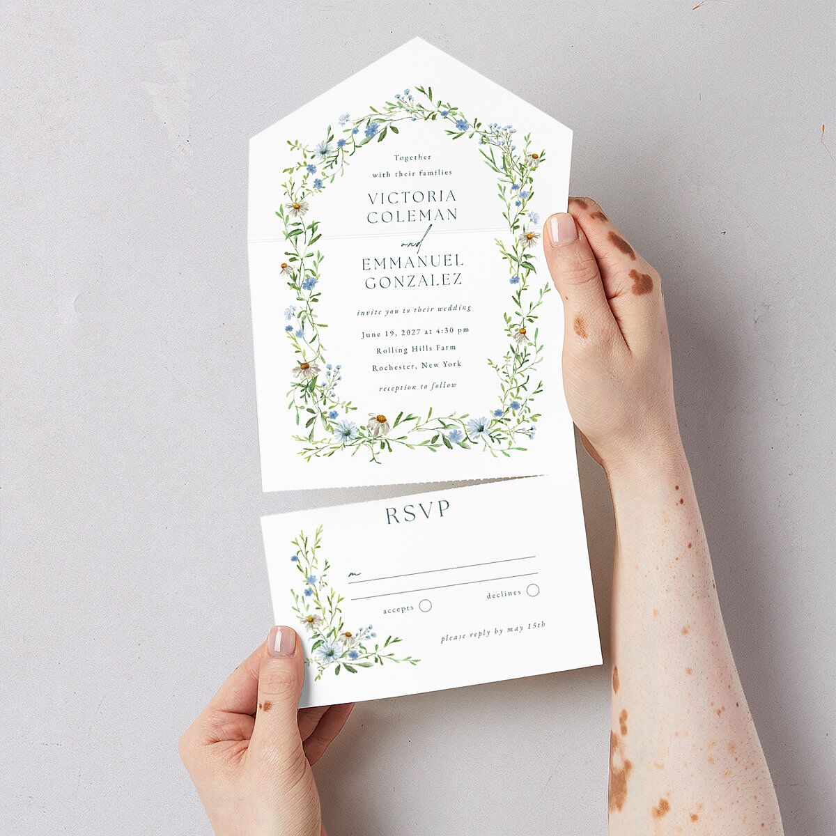 Wildflower Border All-in-One Wedding Invitations Stream Signature Light Both Recipient and Return Addresses No