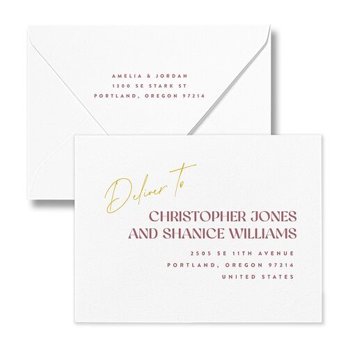 Wedding Of The Century Save the Date Magnet Euro Envelopes White Mauve Both Recipient and Return Addresses Luxe Signature